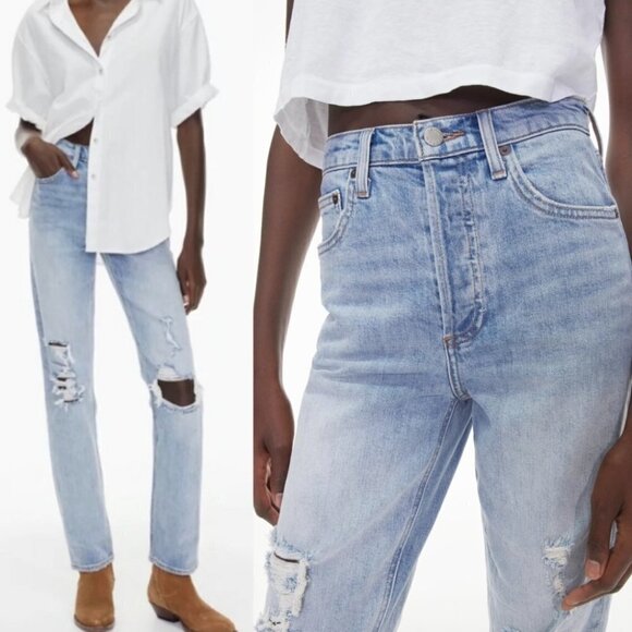 Aritzia Sky Blue Distressed Straight Jeans - Picture 1 of 14